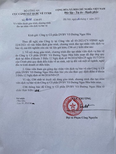 Giáo trình tự đào tạo của Công ty CP DVBV Võ Đường Ngọc Hòa được C06-BCA thẩm duyêt.