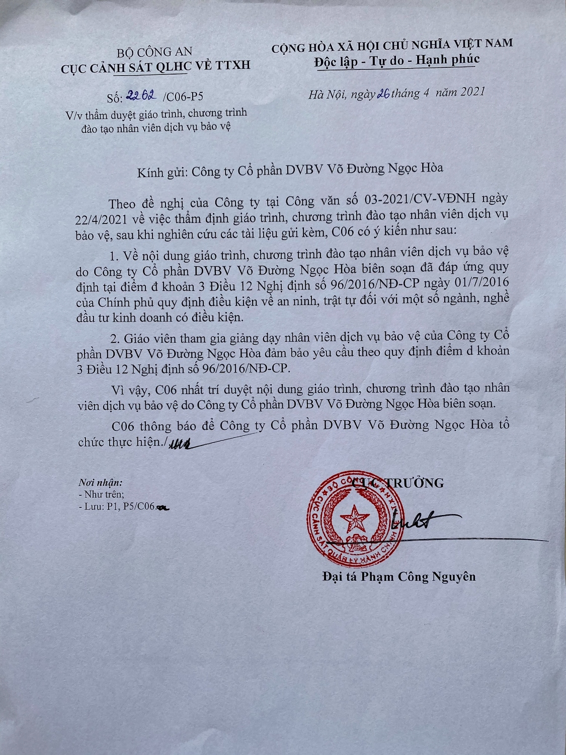 Giáo trình tự đào tạo của Công ty CP DVBV Võ Đường Ngọc Hòa được C06-BCA thẩm duyêt.