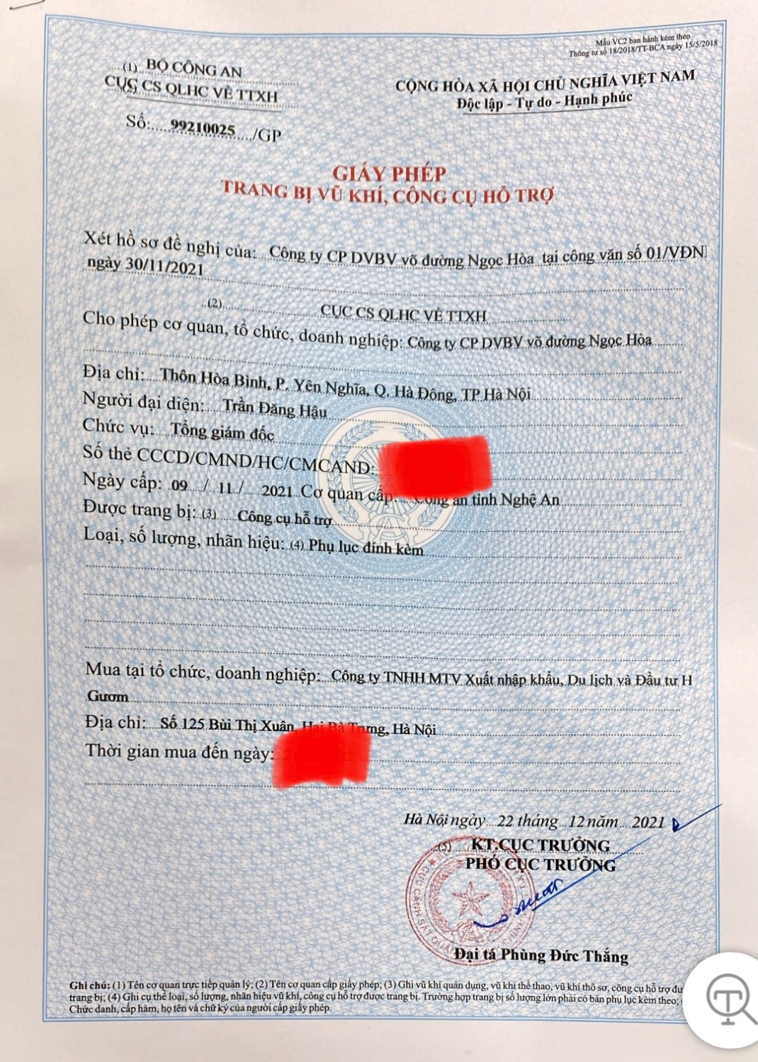 Giấy phép trang bị CCHT C06-BCA
